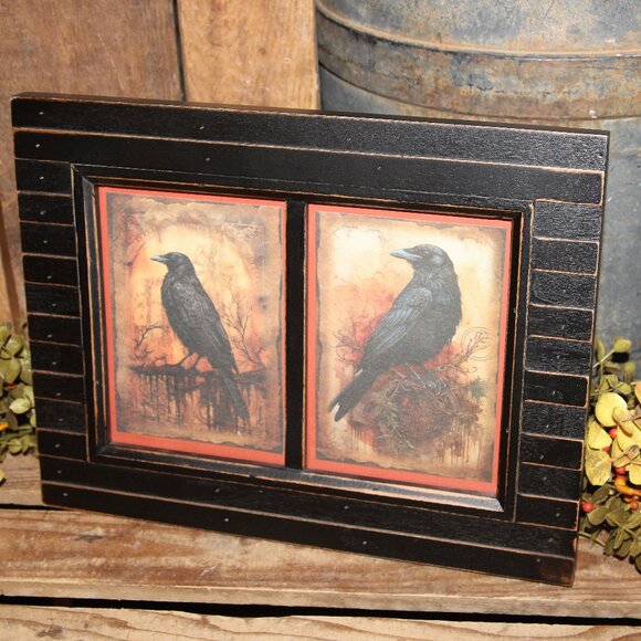 NEW Dark Moody Framed Black Raven Crow Black Bird Farmhouse Duo Picture - Picture 1 of 6